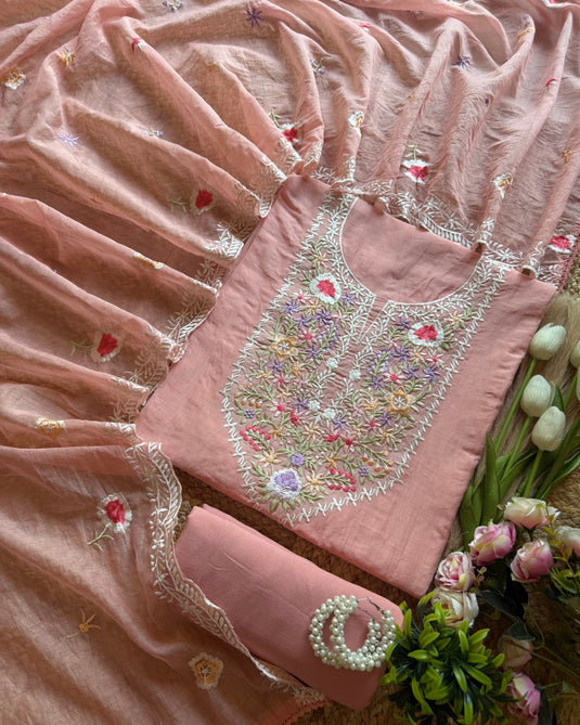 Parsi work soft pastel mul chanderi suit set