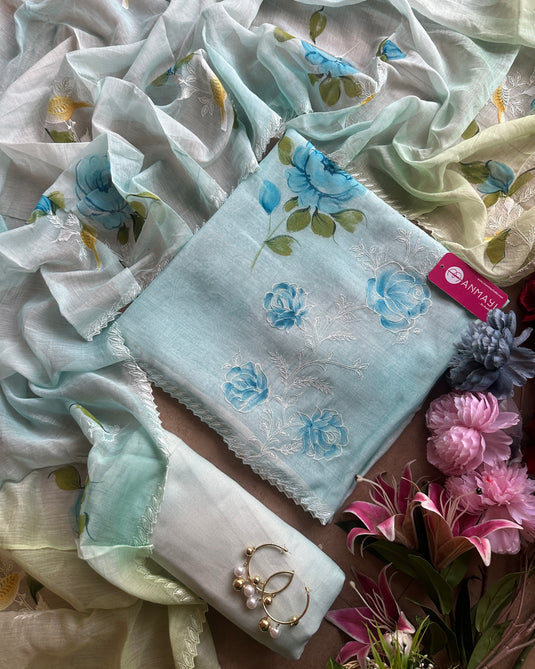 Pure Mul handpaint shaded aari work suit set with ombré dupatta