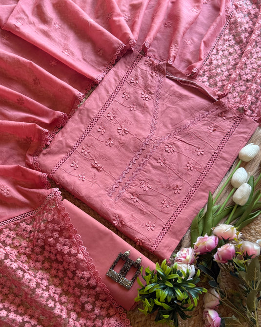 Pakistani semi stitched cotton suit set with 3D flowers and organza patch