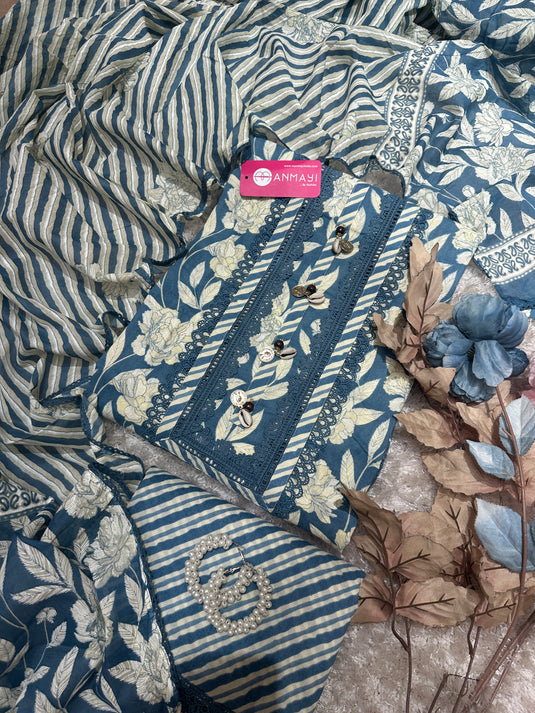 Patterned garden pure cotton suit set with shell neck