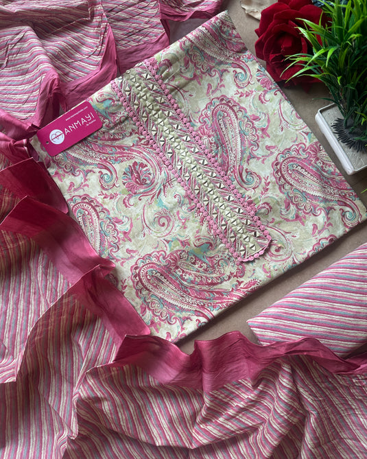 Cambric cotton ambi print suit set with cotton stripes dupatta