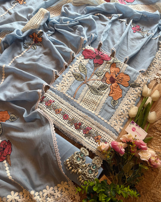 Pakistani crochet Mul cotton patched flower suit set