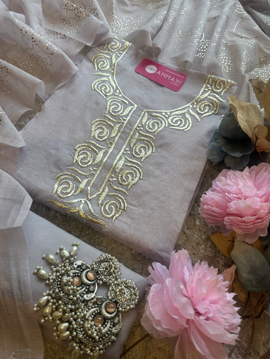 Pita Work mul chanderi pastel suit set by