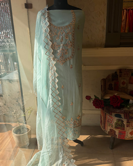 Pastel Gotta Work Organza suit set with shimmer effect