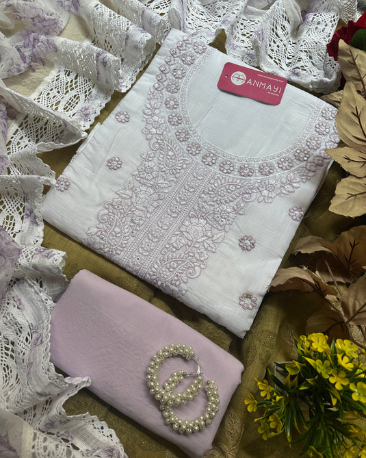 Ivory base chikankari work suit sets with chiffon printed crochet work dupatta