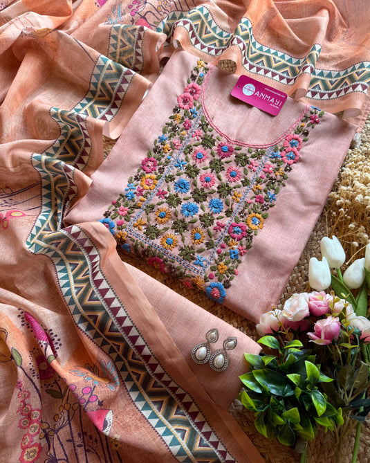 Fine linen French knot garden neck suit set