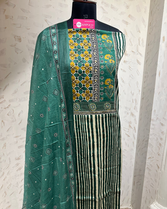 Ajrakh cotton printed neck suit set with cotton dupatta