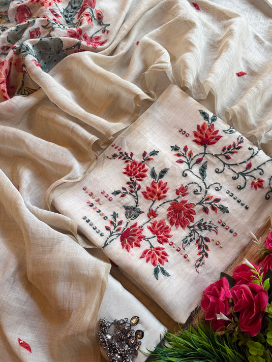 Creamy french knots soft Maheshwari suit set
