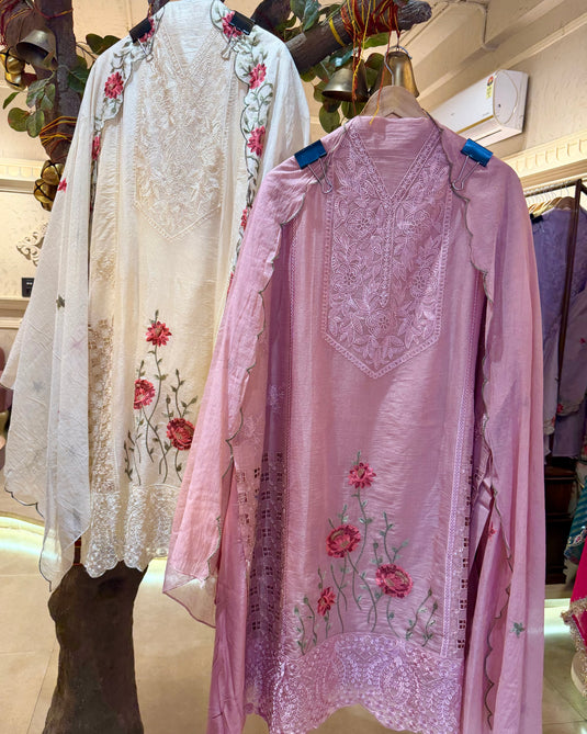 Pakistani Crochet Cutwork detailed Mul Chanderi suit with shimmer effect