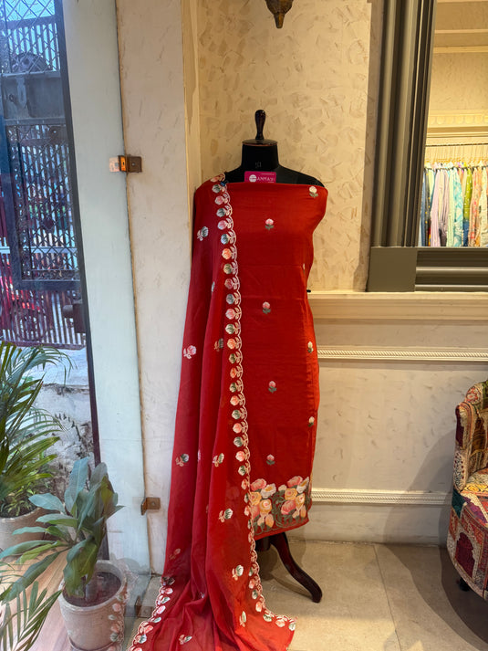 Aari work festive Mul Chanderi suit set