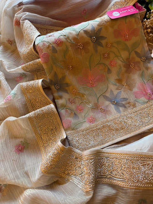 Crushed Organza french pastel work suit set