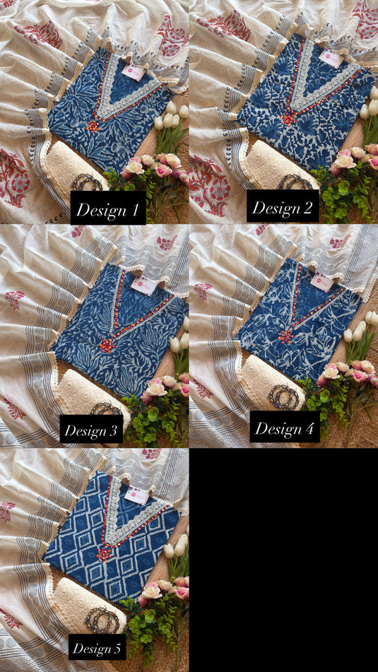 Indigo batik mirror neck pure cotton suit set