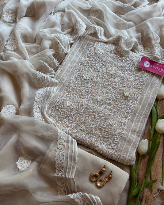 Pure Georgette Chikankari panel Suit Set with chiffon patched dupatta