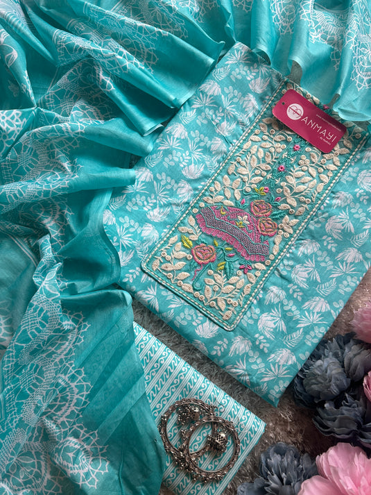 Cambric cotton bright embroidered neck suit set