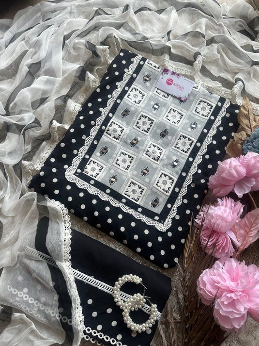 Chiffon patch mirror neck pure cotton polka dots suit set