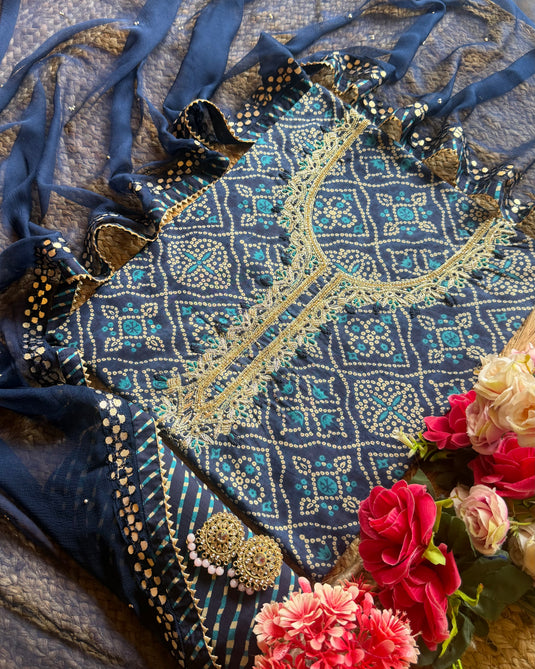 Bandhani gold highlight cotton suits with zari neck and chiffon dupatta
