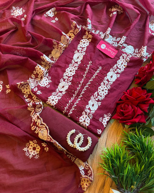 Mul Chanderi white thread work suit set