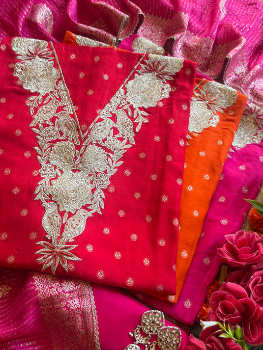 Sparrow neck Dolla silk suit set with Banarasi jacquard dupatta