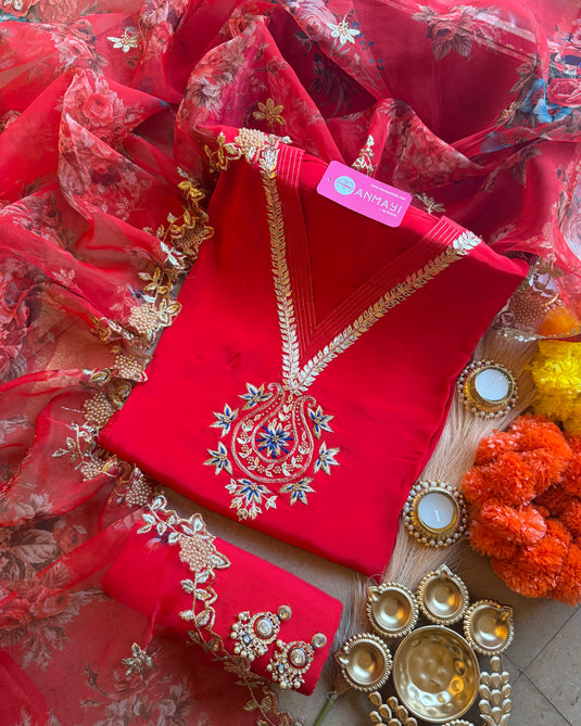 Pure Crepe embroidered v neck suit set