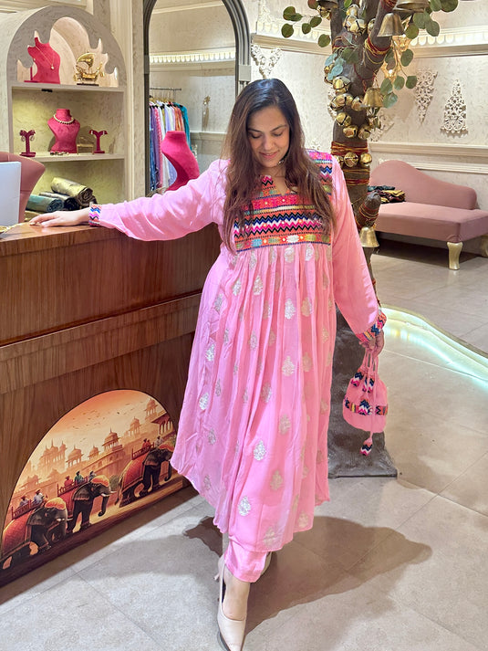 Banarasi georgette anarkali coord set with boho neck