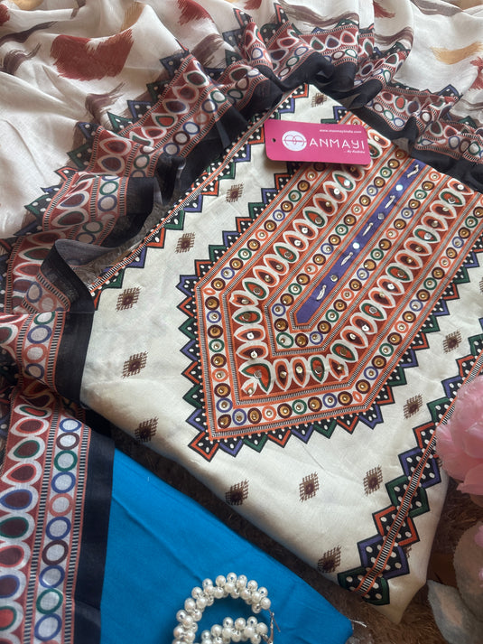 Muslin cotton Ikkat print suit set with rayon bottoms