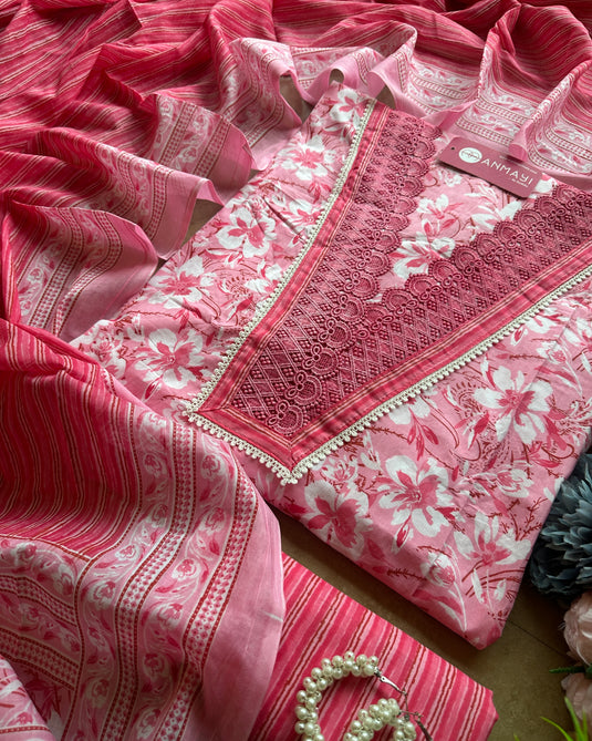 Daylight pastel crochet v neck suit set with cotton dupatta