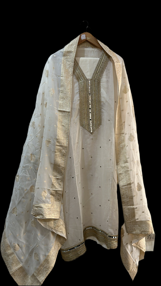 Ivory mul Cotton mirror lace detailing work