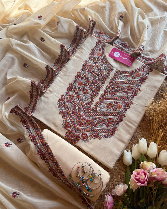 Mul Chanderi Phulkari coloured work suit set