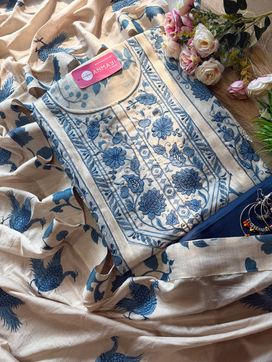Shimmer linen flamingo indigo cream suit set with shantoon bottom