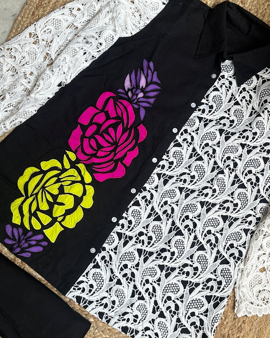 Crochet sleeves patch work black coordinated set