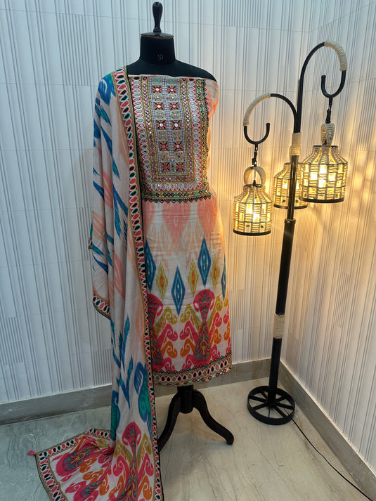 Ikkat print embroidered neck muslin cotton suit sets