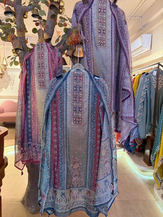 Highlighted Panel Chanderi Persian print suit set