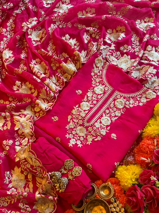 Zari Parsi pure silk suit set with jaal dupatta
