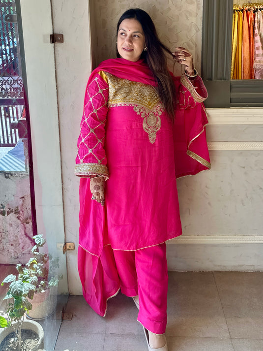 Upada silk Arabic dori neck ready to wear suit set