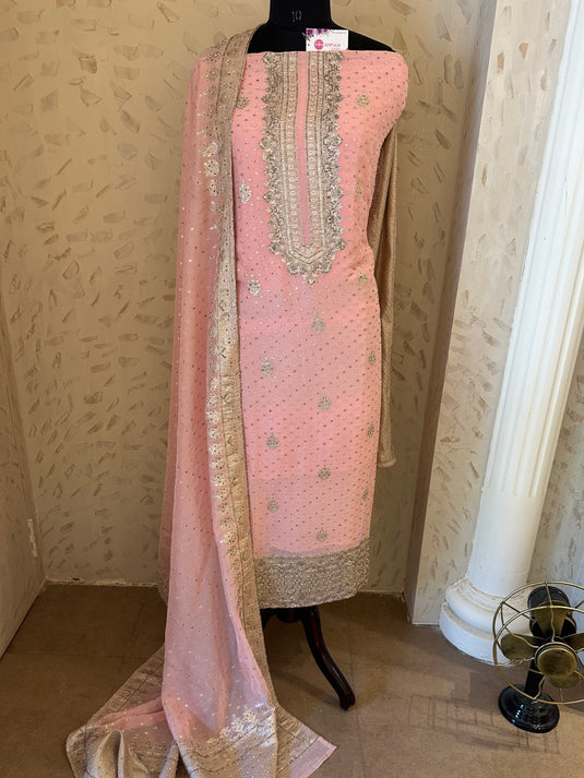 Hand embroidered pure organza banarasi suit set