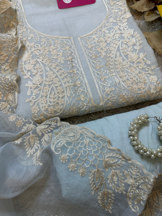 White dori work pastel mul Chanderi suit set