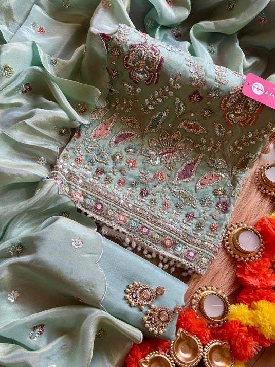 Pastel coloured garden shimmer silk suit set