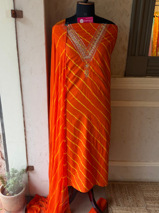 Intricate mirror v neck pure cotton lehria print suit set