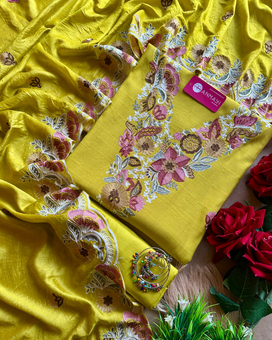 Coloured Aari Work Cotton Muslin Suit set