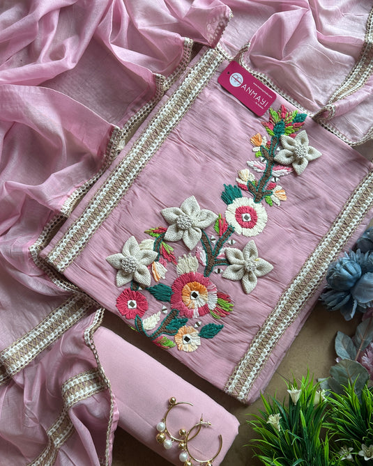 Pastel lace and wool mirror work Mul Chanderi suit set