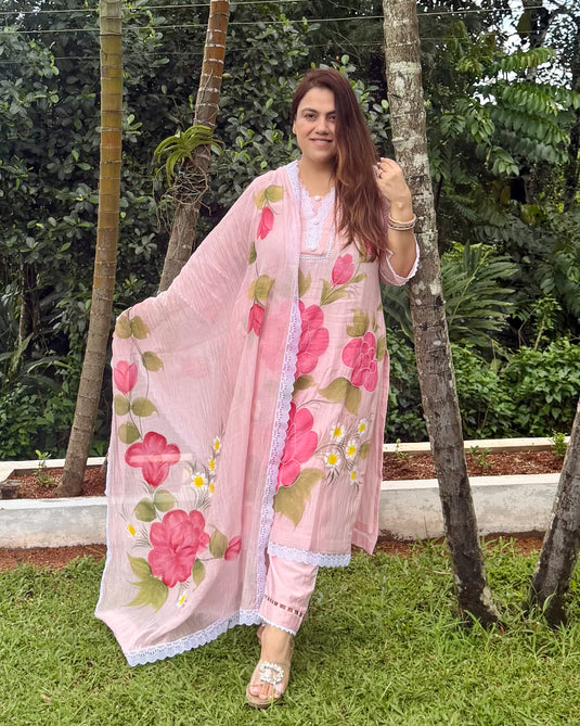 Handpaint mul chanderi suit set with highlights