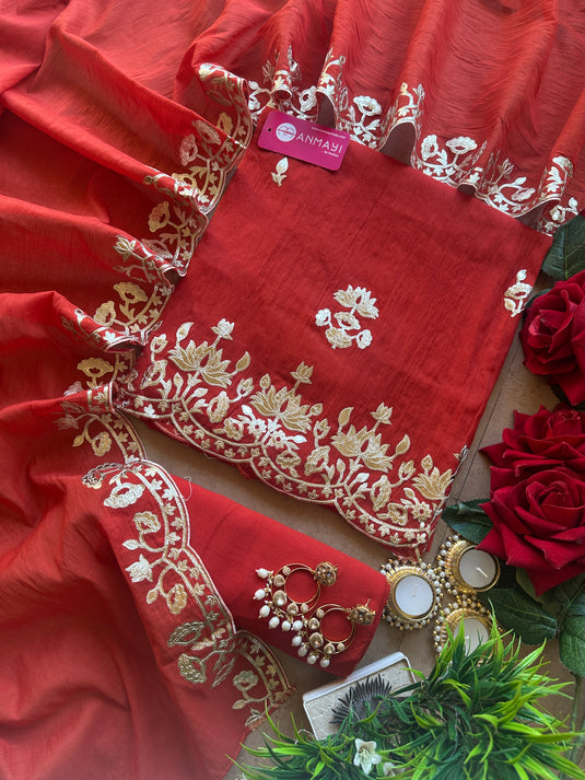 Leather work festive Mul Chanderi suit set