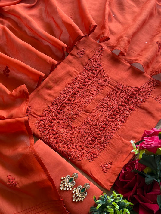 Monochrome French knot work pure mul chanderi suit set