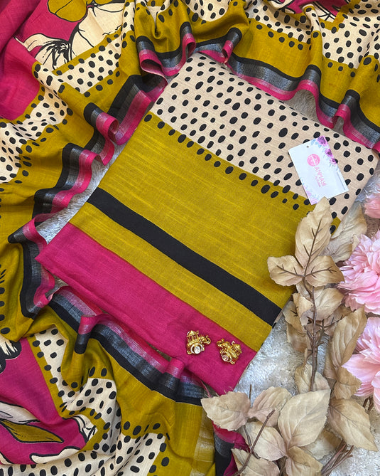 Raindrop pure linen patterned suit set with birdie print dupatta