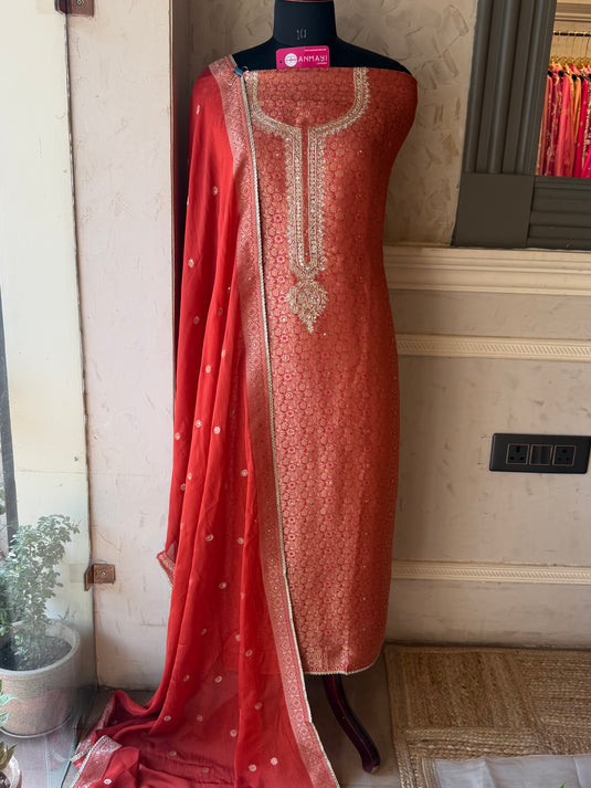 Narangi gold brocade silk suit set with organza dupatta