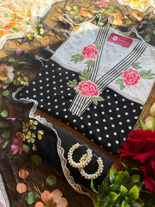 Hakooba neck polka dots pure cotton suit set with handpaint flower dupatta