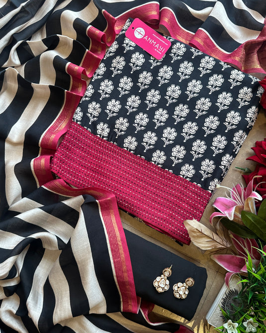 Pure Modals block print suit set with stripes dupatta and cotton bottom