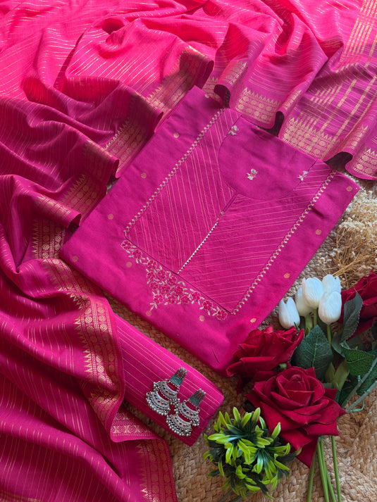 Handloom cotton temple neck suit set