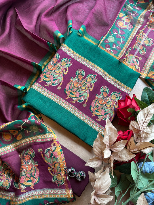 Goddess print border pure Maheshwari combination suit set