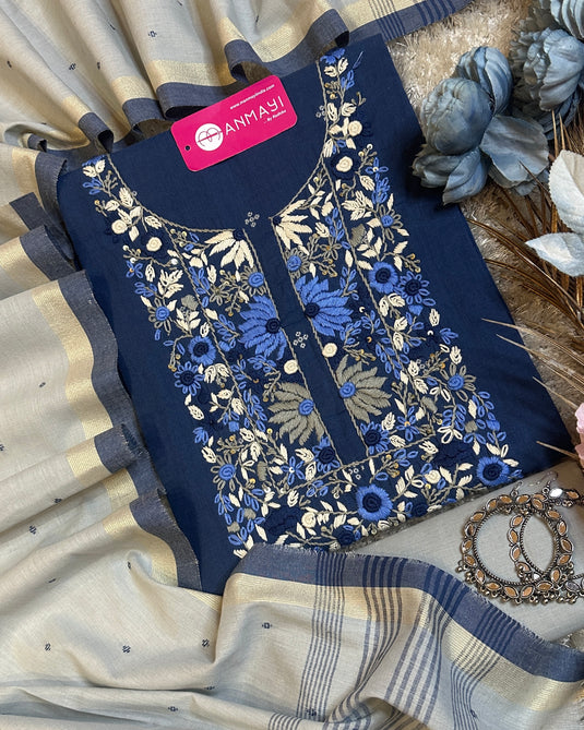 Pure and soft handloom french knot work suit set